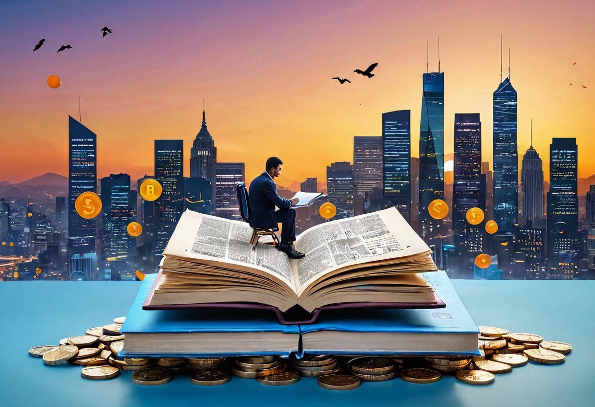 A visually engaging scene depicting a financial journey: a person sitting on a giant, open book labeled 'Financial Literacy,' surrounded by floating symbols of savings accounts (piggy banks, coins) and investment strategies (stocks, pie charts, graphs). In the background, a bright city skyline representing growth and opportunity, with a sun rising to symbolize a new beginning. The scene is vibrant and motivational, drawing readers into the world of finance. super-realistic. vibrant colors. 3D.
