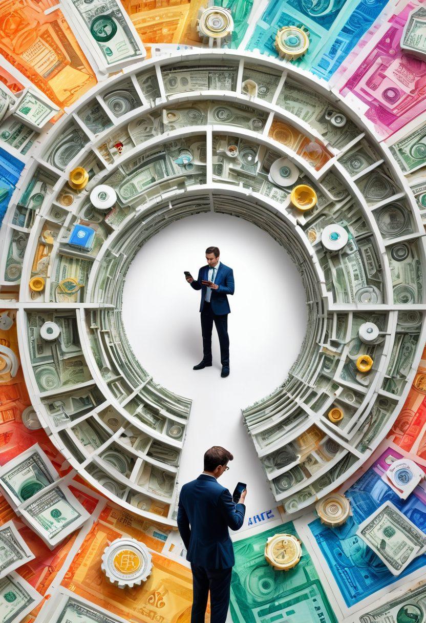 A visually engaging maze made of banknotes and financial symbols, with a person holding a compass and a smartphone, looking determined to find their way. Surrounding the maze are gears representing tools like calculators, budgeting apps, and investment books, symbolizing essential tools for personal finance. A vibrant color palette to evoke a sense of energy and optimism. surreal art. vibrant colors. white background.